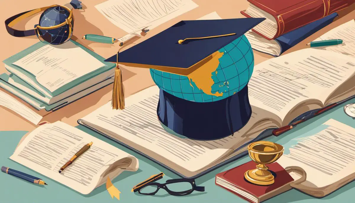 Illustration of documents, a graduation cap, and a globe for an article about understanding scholarship requirements